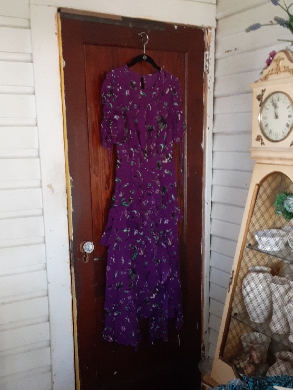 Tanya Taylor Purple Floral Ruffle-Tier Maxi Silk Dress